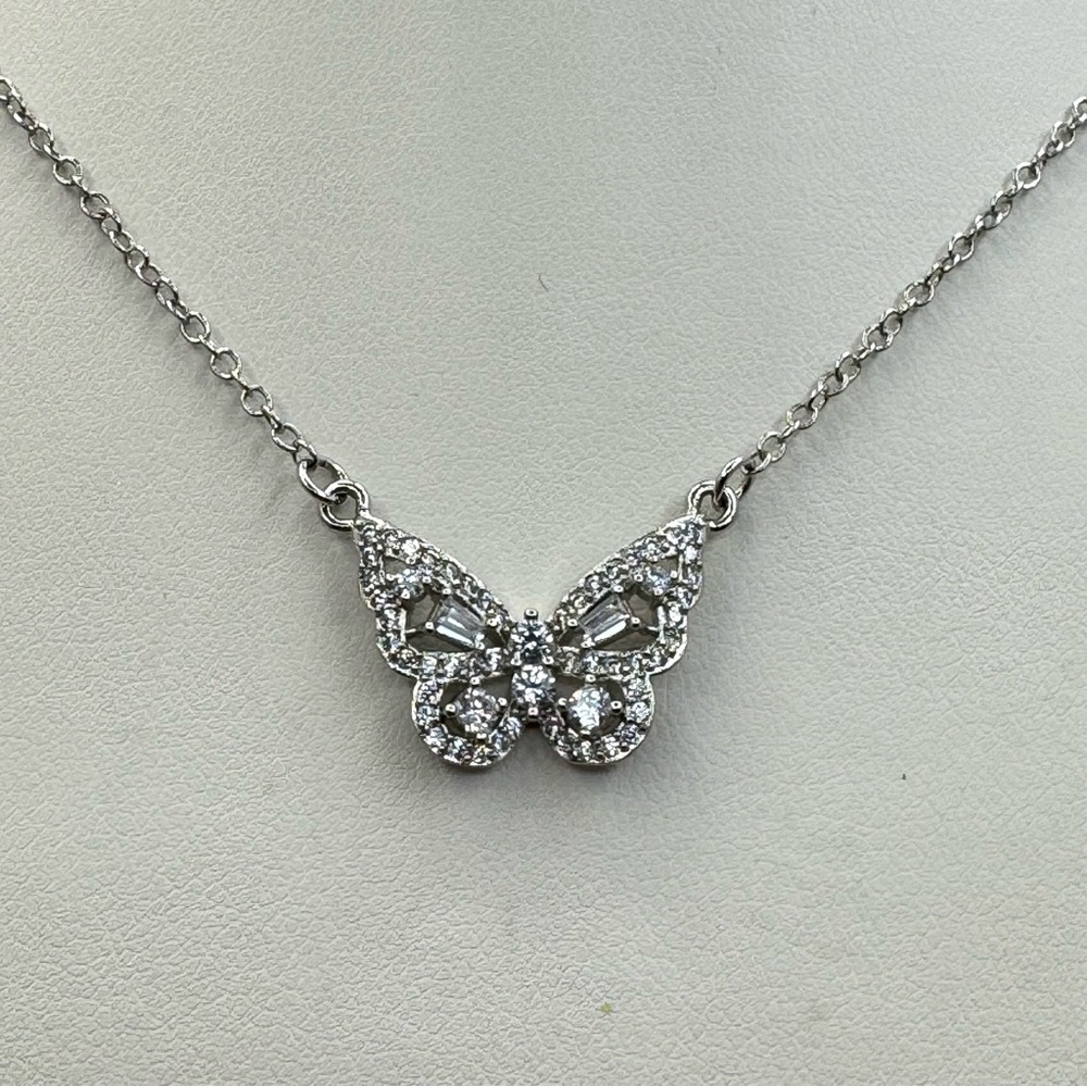 New Silver Butterfly Pendant Necklace Diamond White Crystal CZ 18” Dainty Boho